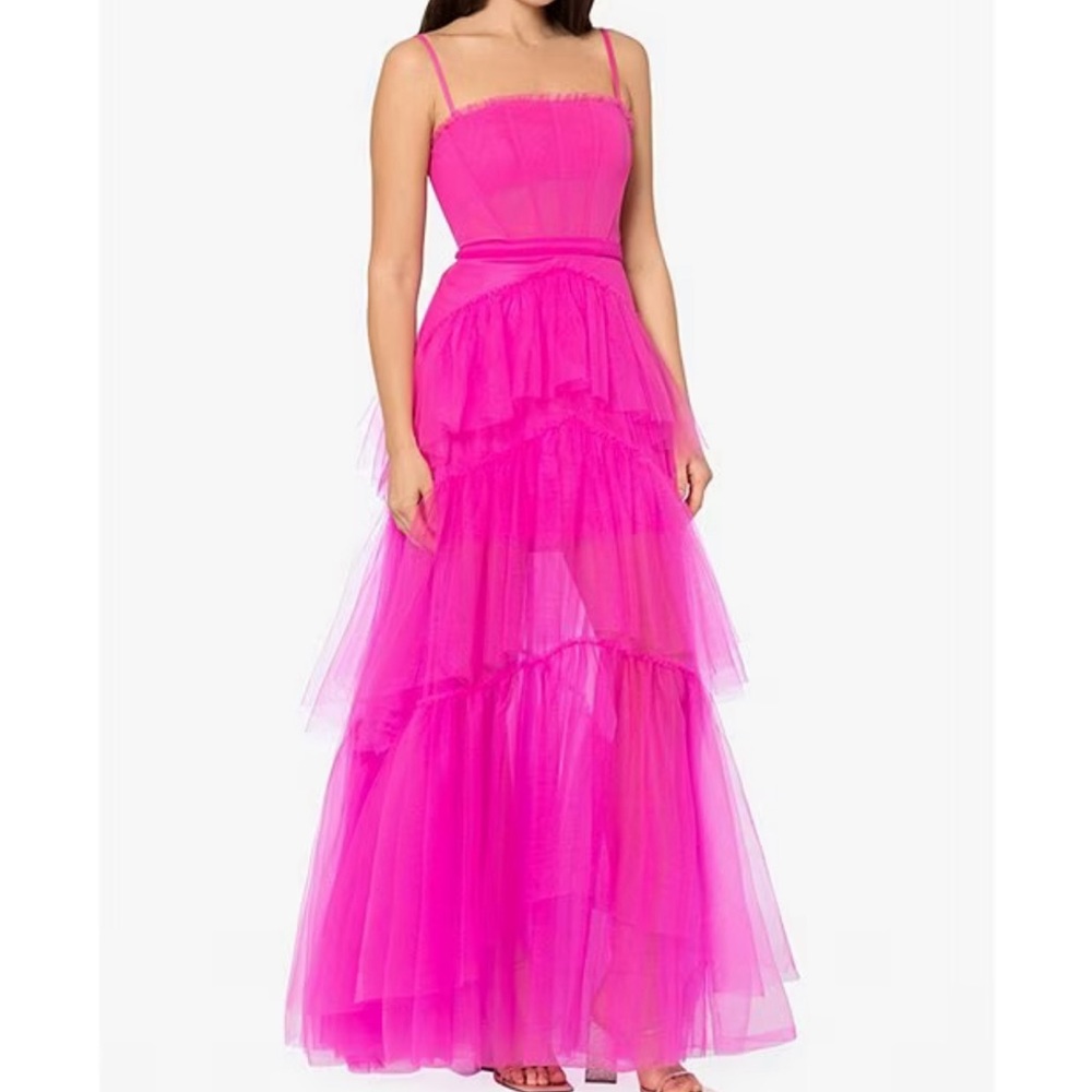 Betsy & Adam Illusion Tiered Ruffled Tulle Square Neck Mesh Sleeveless Gown